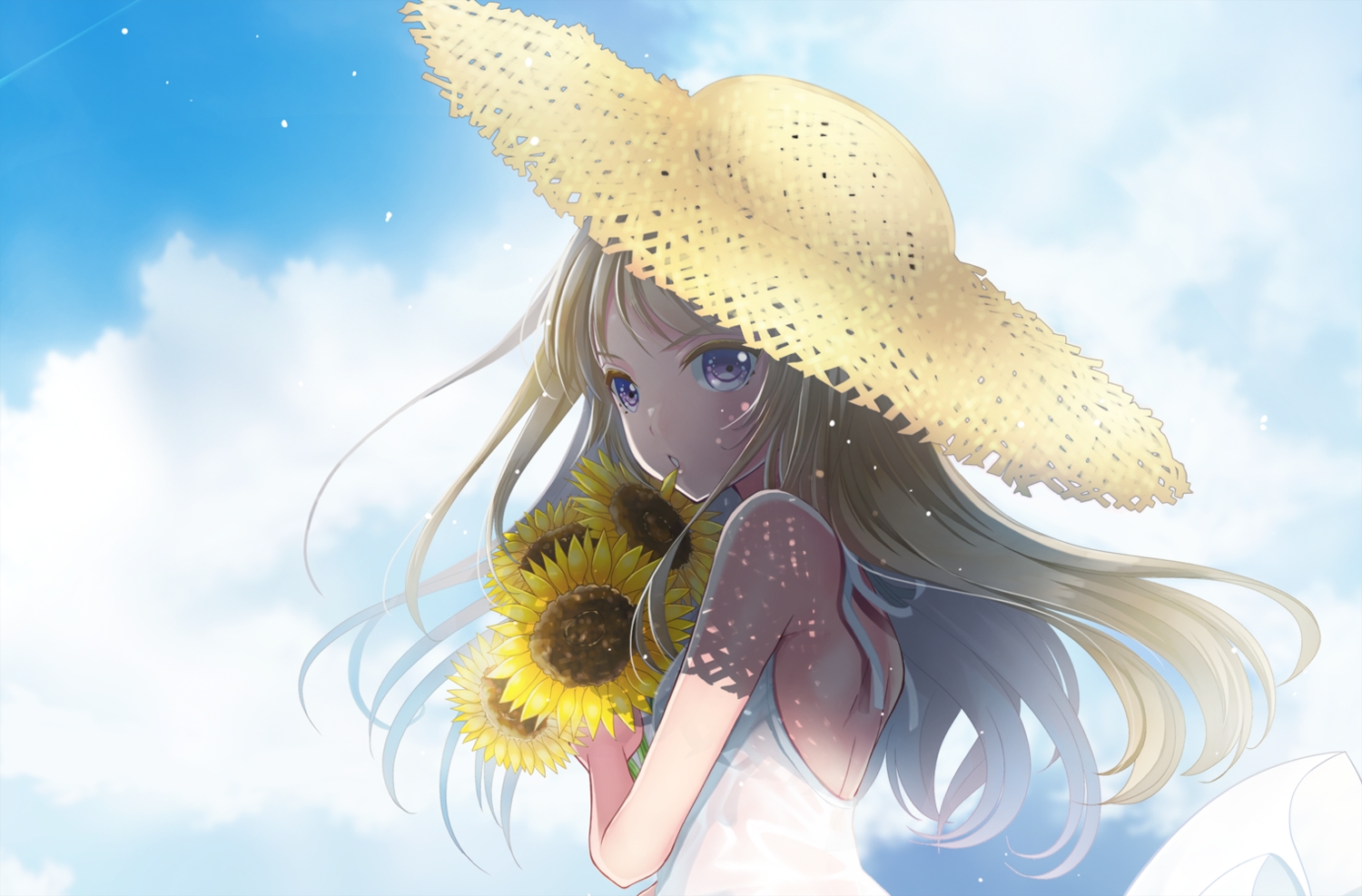 blonde_hair, clouds, dress, flowers, hat, long_hair, original, pink_eyes, sakurai_unan, sky, summer_dress, sunflower