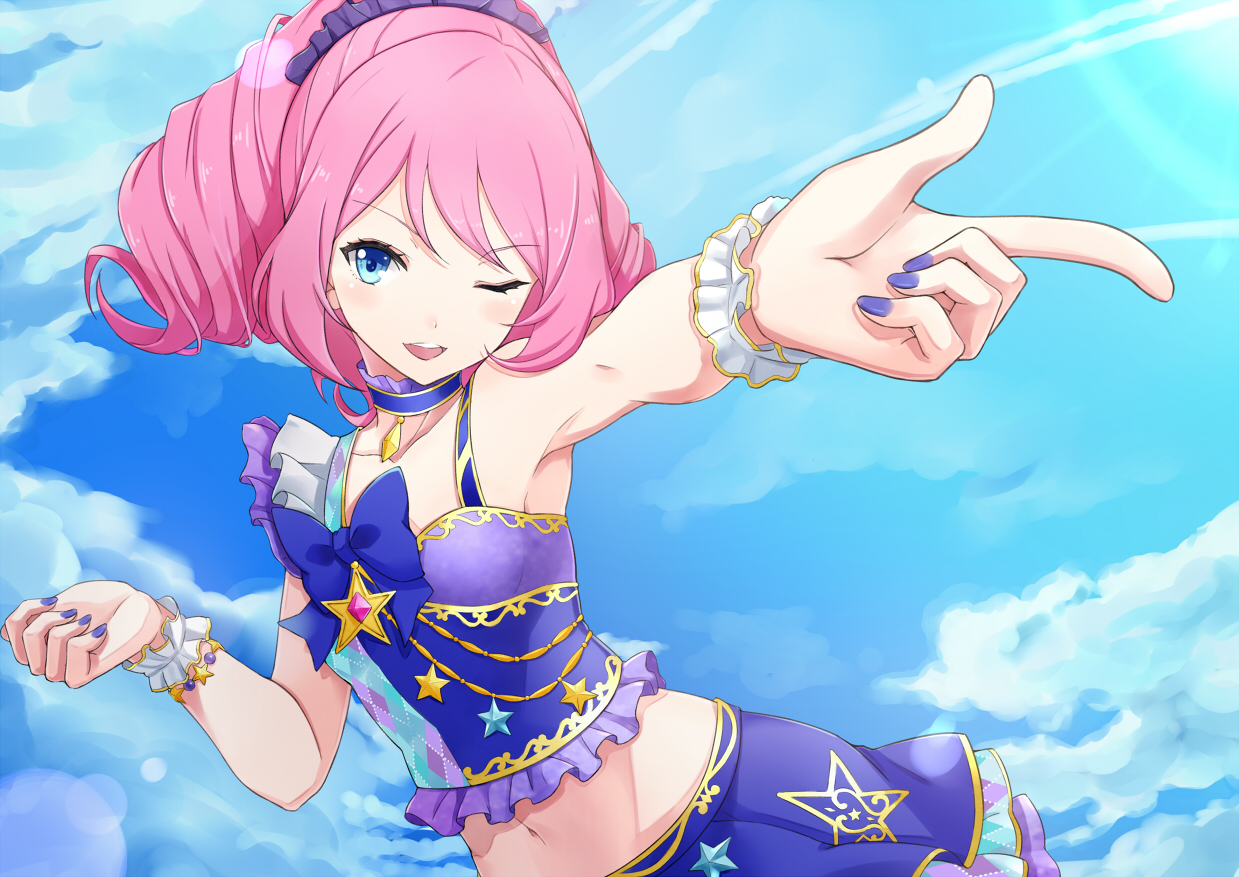 aikatsu!, aqua_eyes, asya, bow, clouds, navel, pink_hair, sakuraba_rola