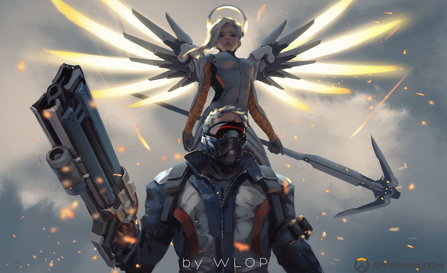 gun, jpeg_artifacts, logo, male, mercy_(overwatch), overwatch, soldier:_76, watermark, weapon, wings, wlop
