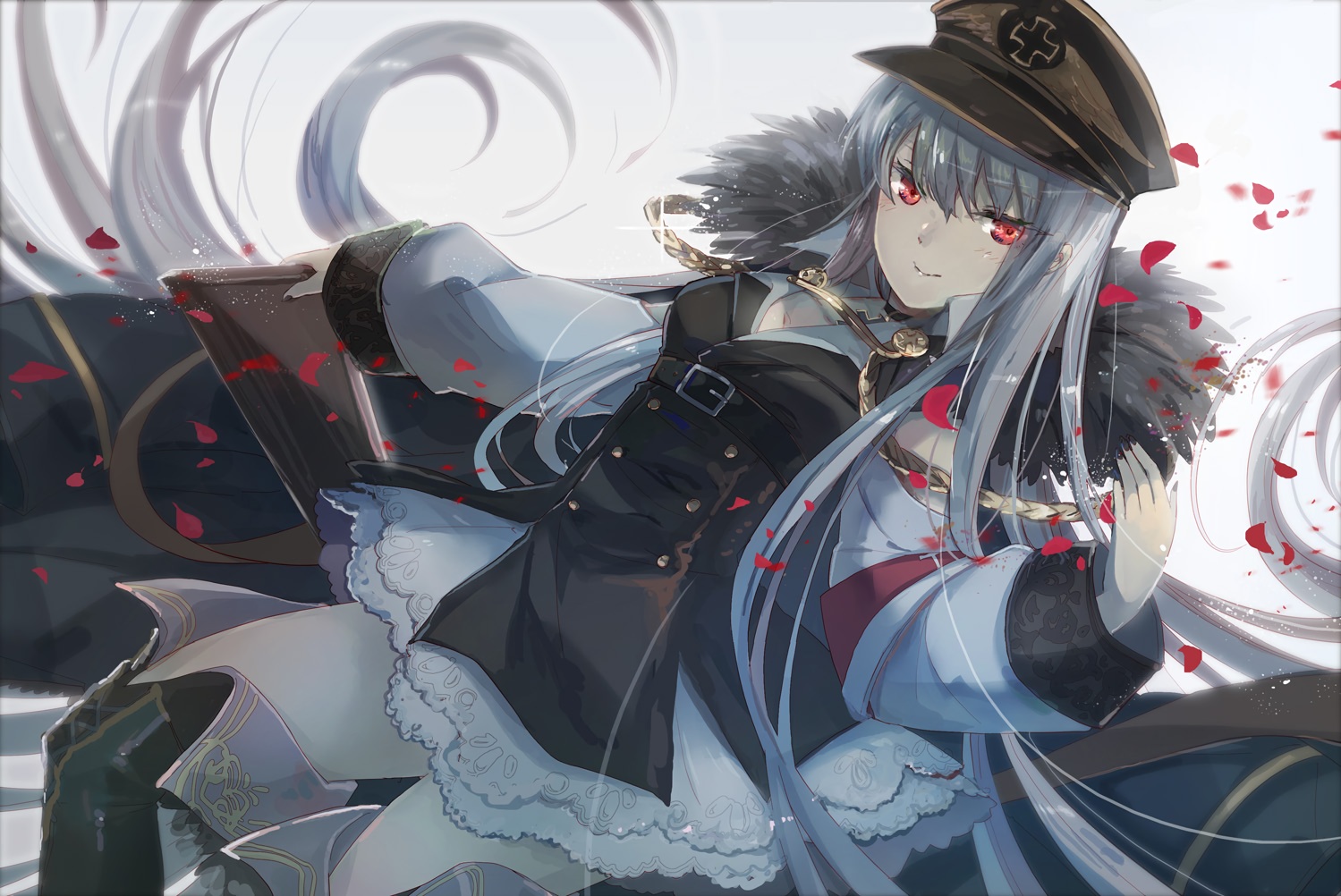 anthropomorphism, boots, breasts, dress, girls_frontline, gray_hair, hat, kar98k_(girls_frontline)