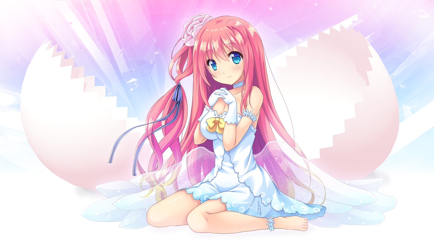 aqua_eyes, barefoot, bow, breasts, cleavage, dress, gloves, hoshino_iroha