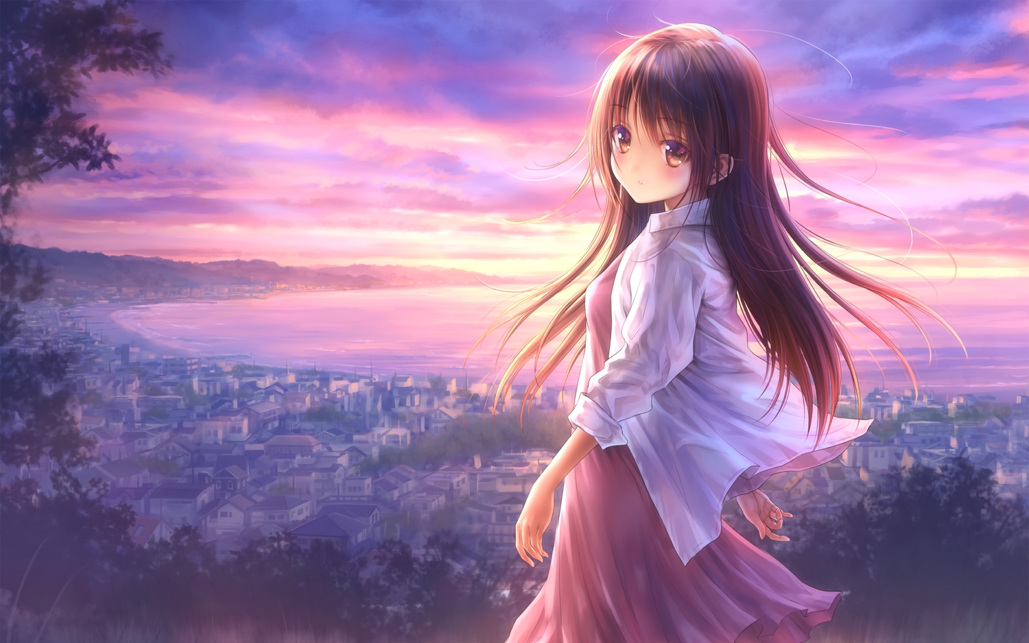 brown_eyes, brown_hair, building, clouds, dress, goto_p, narcissu, sakura_setsumi, sky, sunset, tree, water