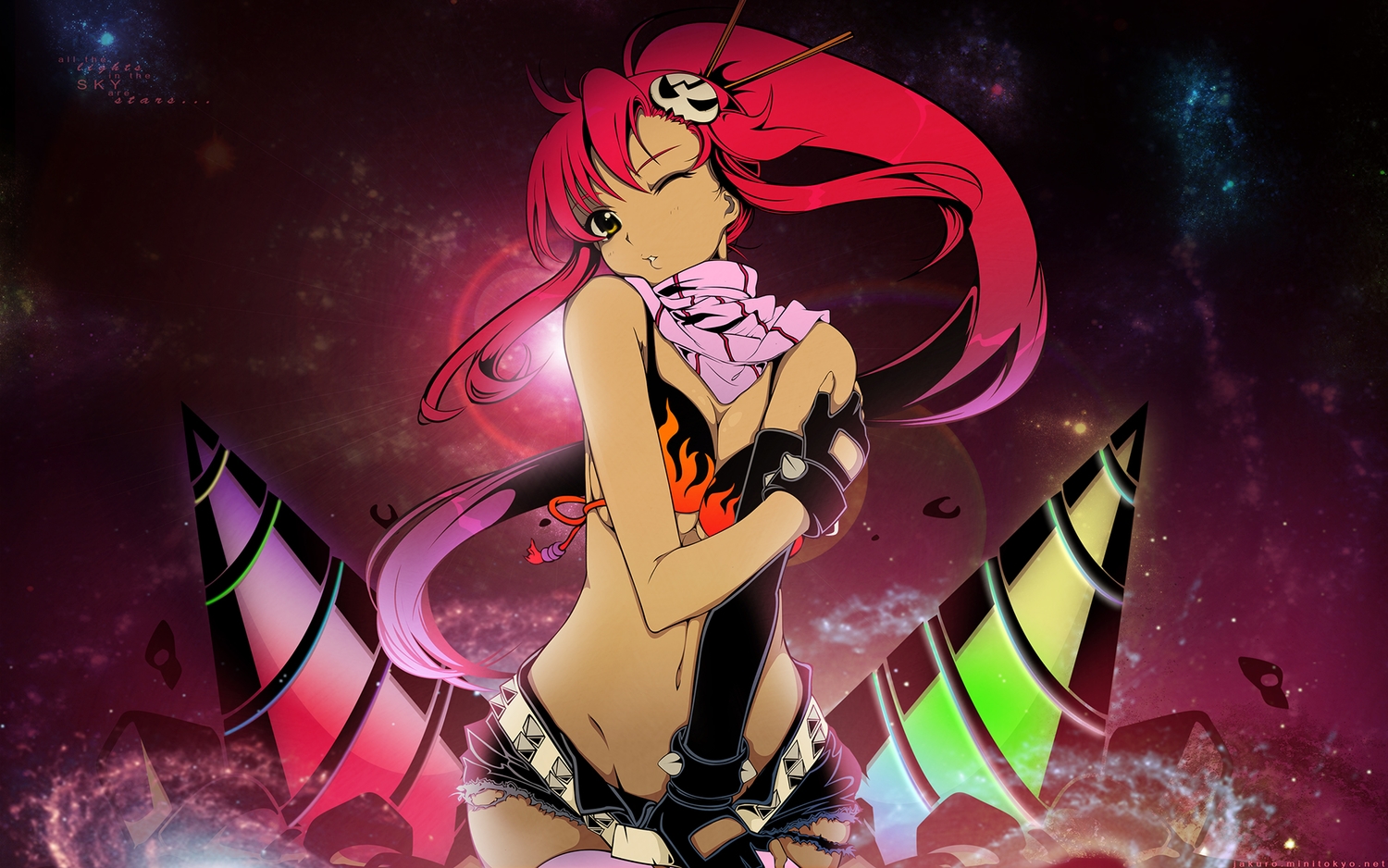 bikini_top, breasts, elbow_gloves, gloves, long_hair, navel, red_hair, scarf