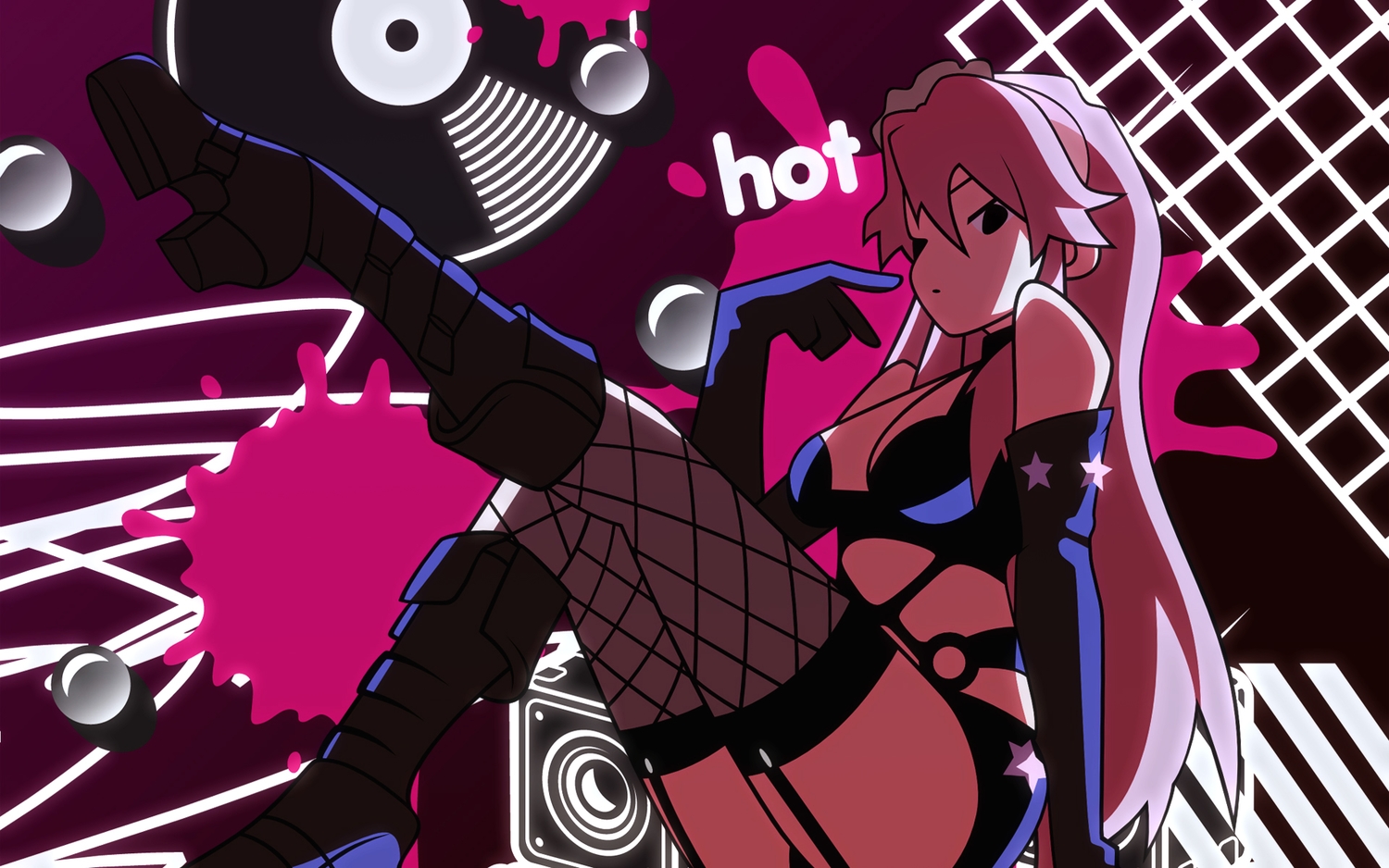 black_eyes, boots, breasts, elbow_gloves, garter_belt, gloves, long_hair, pink_hair