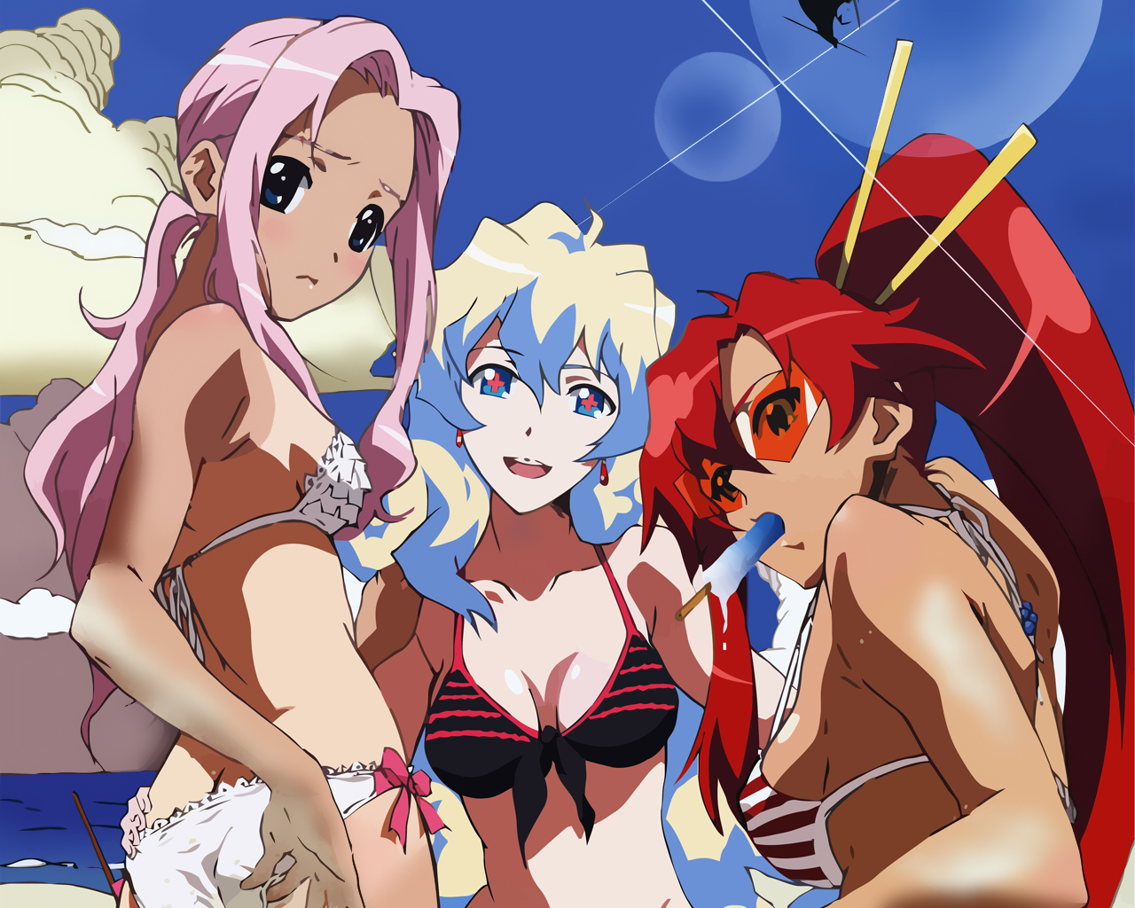 aqua_eyes, aqua_hair, ass, bikini, breasts, darry, food, glasses