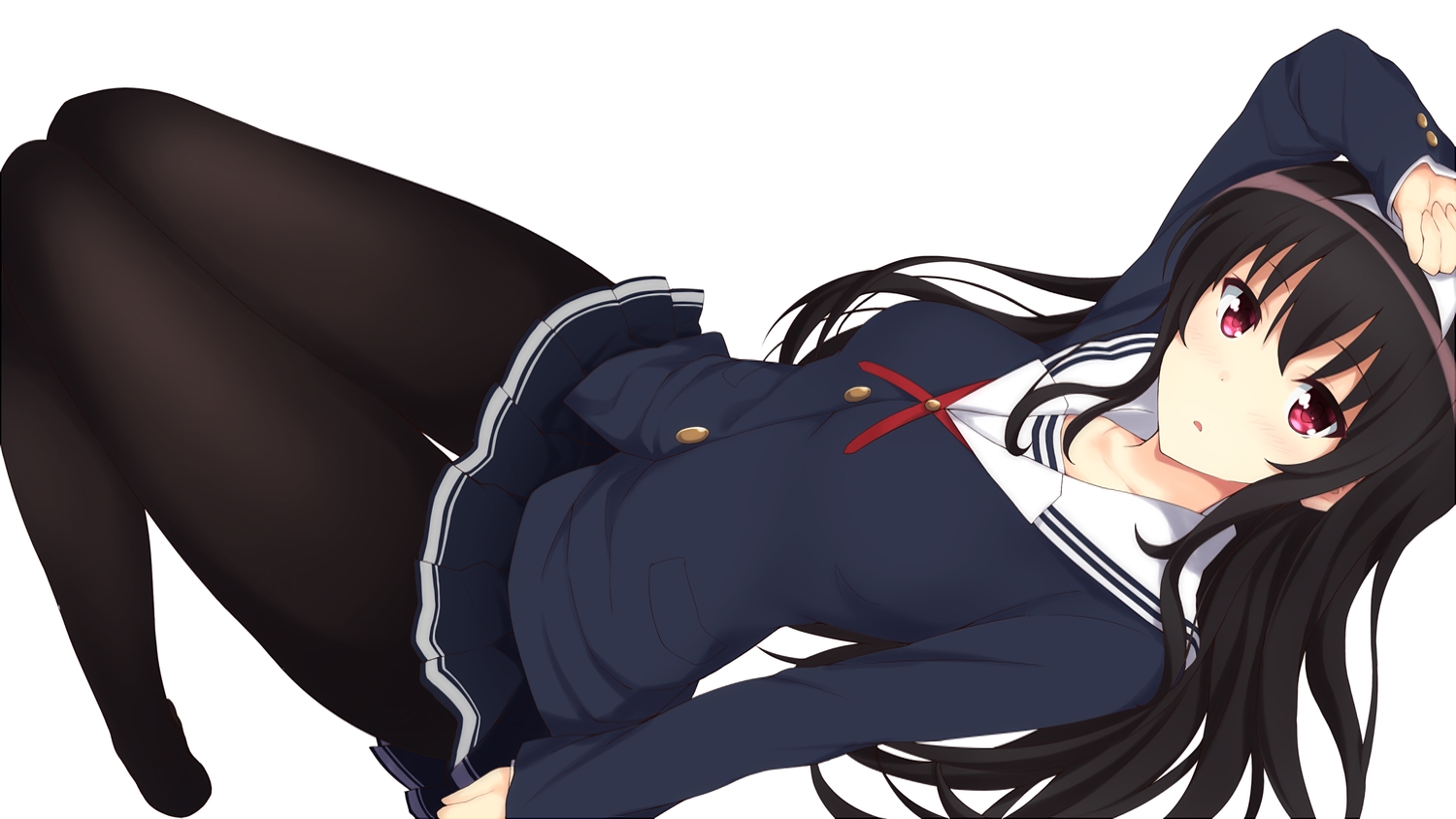 black_hair, blush, headband, jam_(jam0601), kasumigaoka_utaha, long_hair, pantyhose, pink_eyes, saenai_heroine_no_sodatekata, school_uniform, skirt, waifu2x