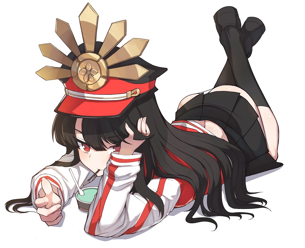 ass, black_hair, drink, fate/grand_order, fate_(series), hat, k_jin, kneehighs, long_hair, nobunaga_oda_(fate), panties, red_eyes, skirt, underwear