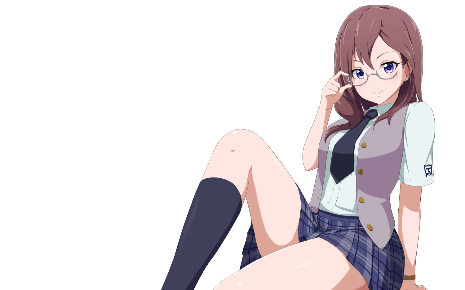 acchi_(koiyimknp), brown_hair, glasses, idolmaster, idolmaster_cinderella_girls, kneehighs, school_uniform, short_hair, skirt, third-party_edit, tie, white, wristwear, yagami_makino