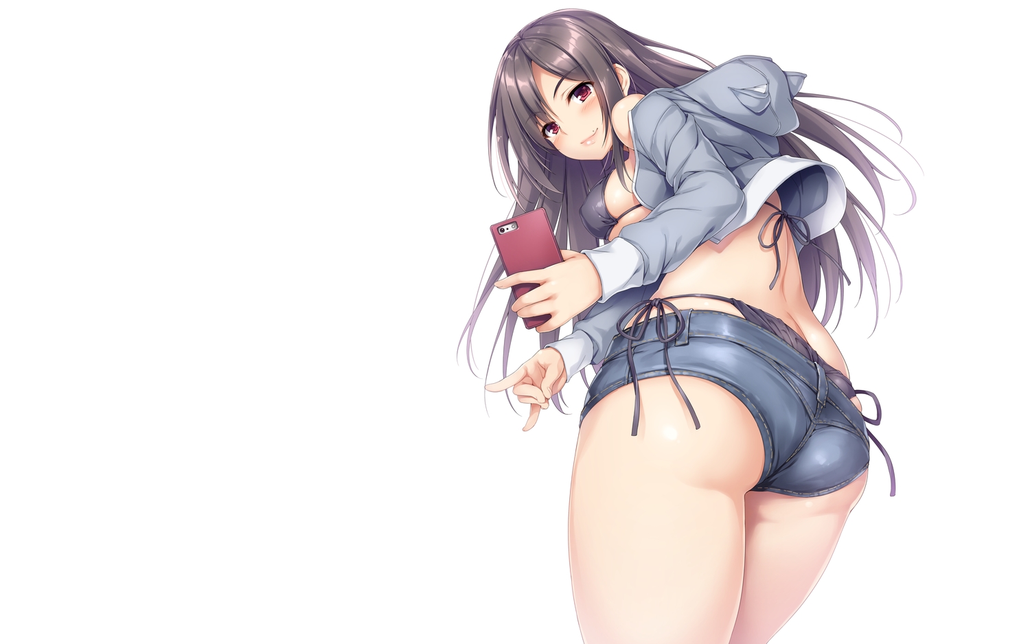 ass, bikini, blush, breasts, brown_hair, erect_nipples, hood, kokutou_(kazuakifca), long_hair, original, phone, red_eyes, shorts, sideboob, swimsuit, white