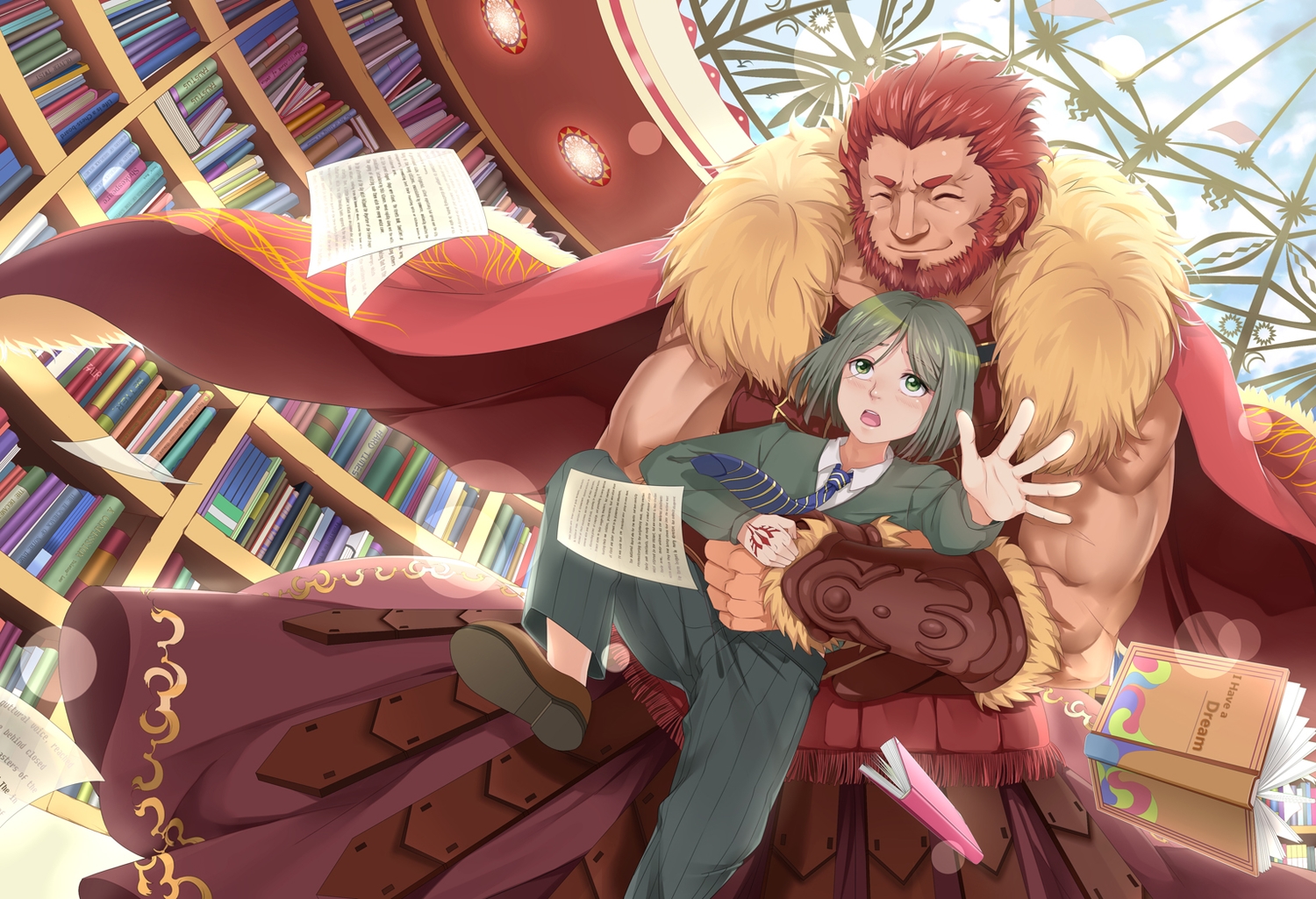 alexander_(fate), all_male, book, brown_hair, cape, clouds, fate_(series), fate/stay_night