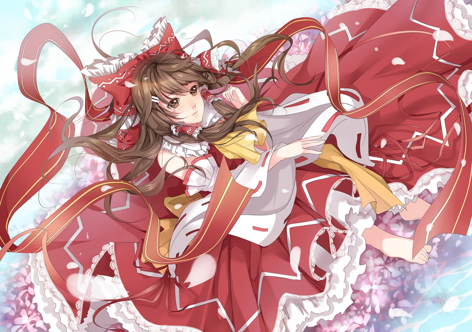 bow, brown_eyes, brown_hair, hakurei_reimu, hongmao, japanese_clothes, long_hair, miko
