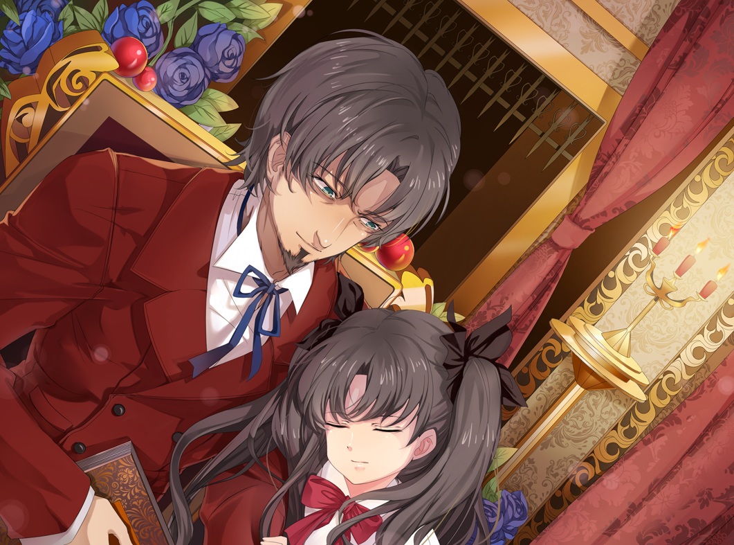 black_hair, book, fate_(series), fate/stay_night, fate/zero, fire, flowers, hongmao