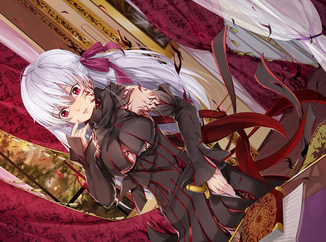 book, breasts, dark_matou_sakura, dress, fate_(series), fate/stay_night, gray_hair, hongmao, knife, long_hair, matou_sakura, red_eyes, ribbons, tattoo