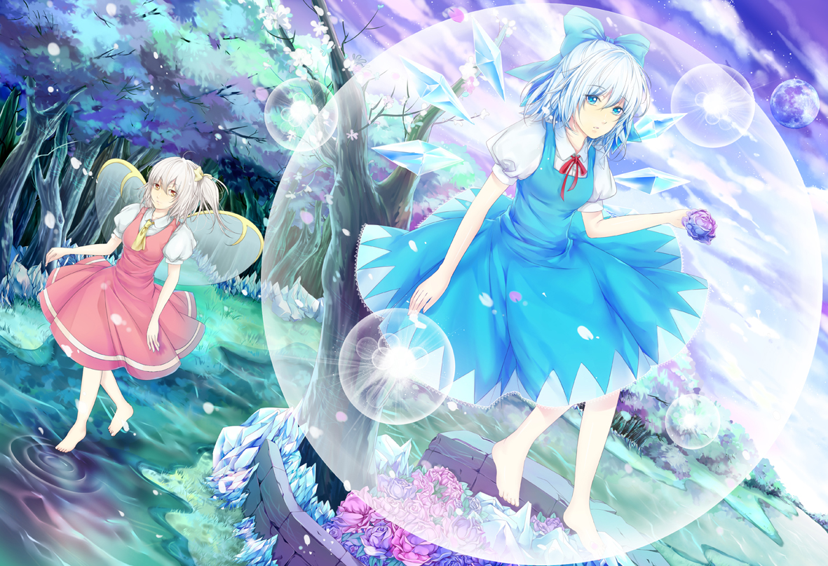 2girls, aqua_eyes, aqua_hair, barefoot, bubbles, cirno, daiyousei, dress