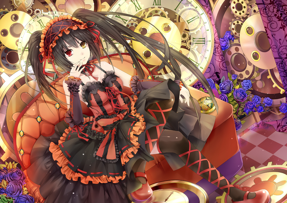 aliasing, bicolored_eyes, black_hair, breasts, couch, date_a_live, dress, flowers, headdress, hongmao, long_hair, ribbons, thighhighs, tokisaki_kurumi, twintails