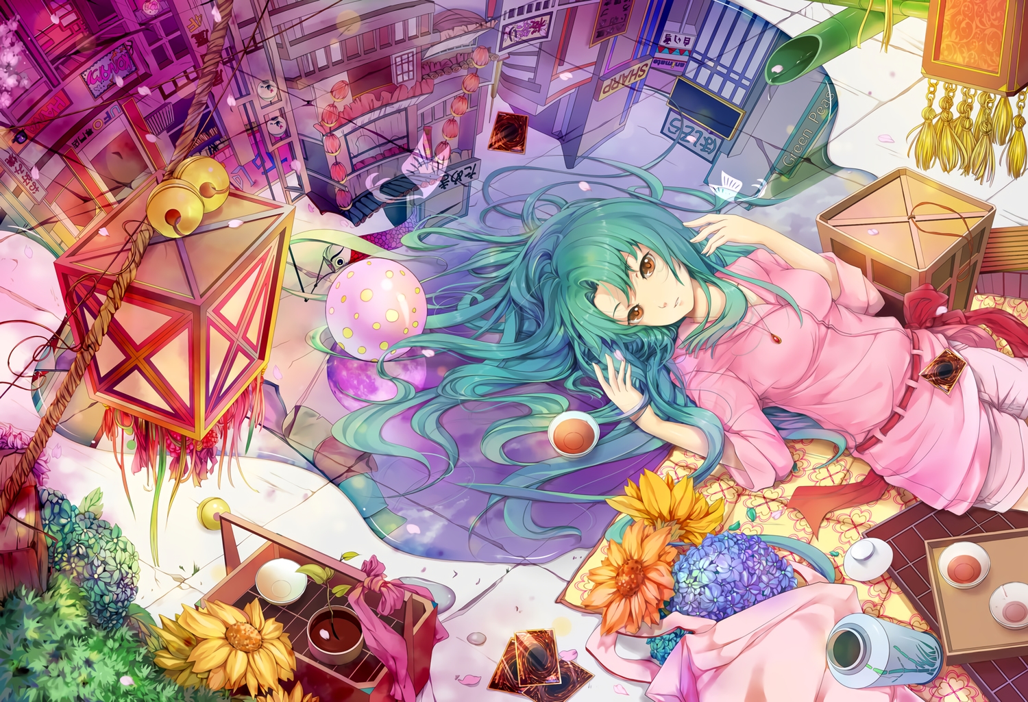 aqua_hair, bell, brown_eyes, drink, flowers, hongmao, long_hair, luca