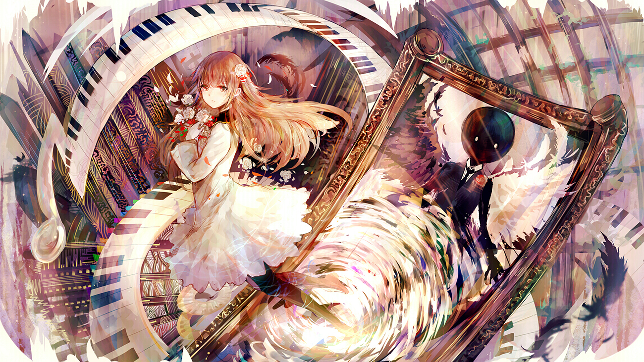 brown_eyes, brown_hair, deemo, dress, feathers, flowers, girl_(deemo), inoriac