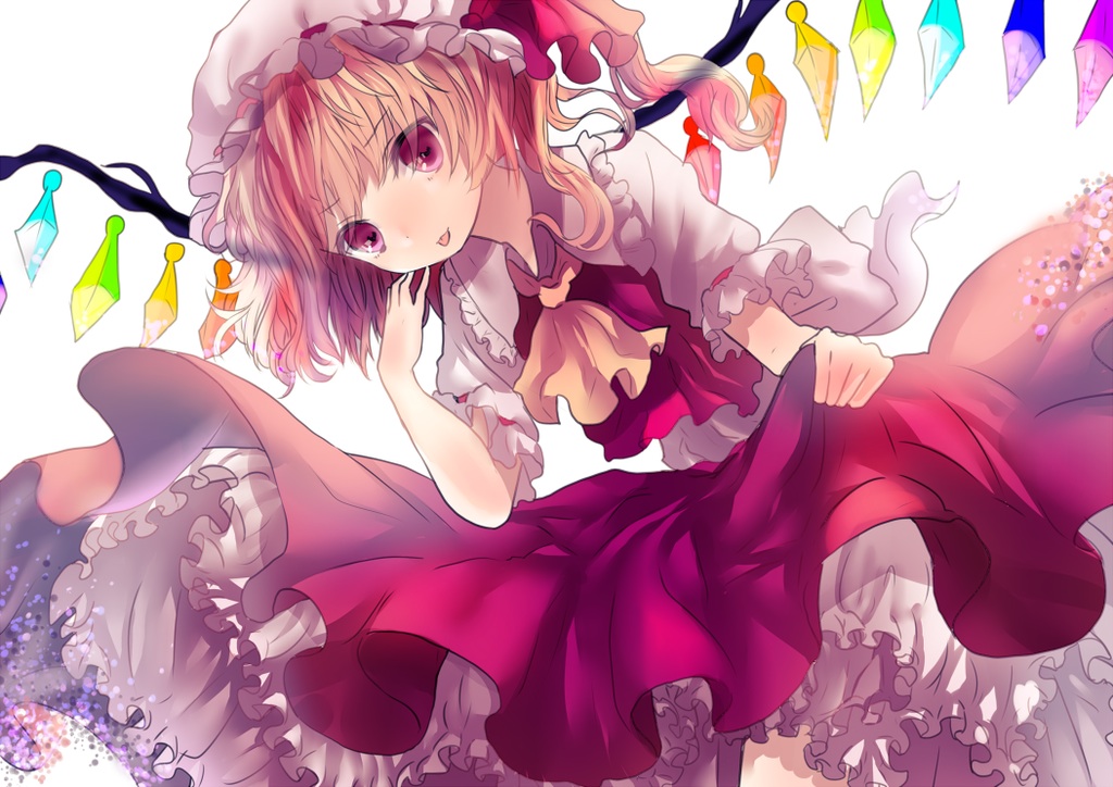 blonde_hair, dress, flandre_scarlet, hat, opopowa, red_eyes, short_hair, touhou