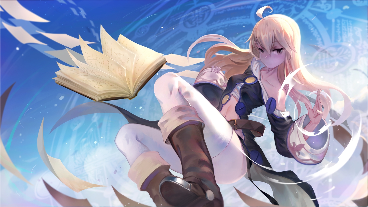 blonde_hair, book, boots, brown_eyes, karasu_kame_ex, long_hair, mage, magic