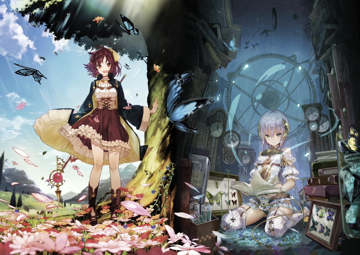 animal, atelier_sophie, book, boots, brown_eyes, brown_hair, butterfly, clouds