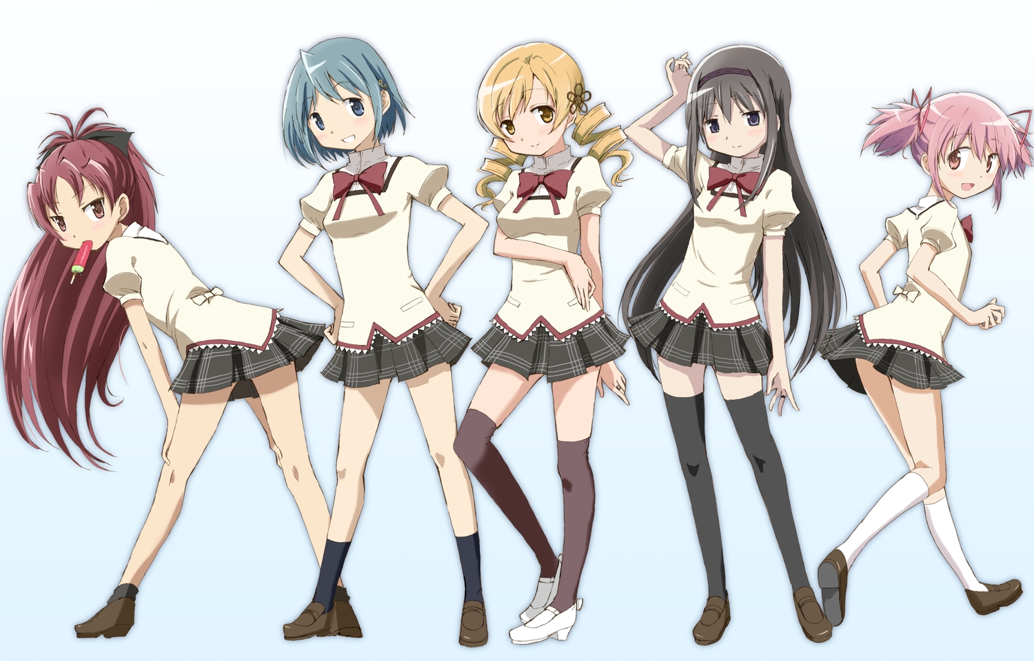 akemi_homura, black_hair, blonde_hair, blue_hair, blush, bow, food, gradient, group, headband, ice_cream, kaname_madoka, kinfuji, kneehighs, long_hair, mahou_shoujo_madoka_magica, miki_sayaka, momoe_nagisa, pink_eyes, pink_hair, ponytail, popsicle, purple_eyes, red_eyes, red_hair, ribbons, sakura_kyouko, school_uniform, short_hair, skirt, thighhighs, twintails, yellow_eyes