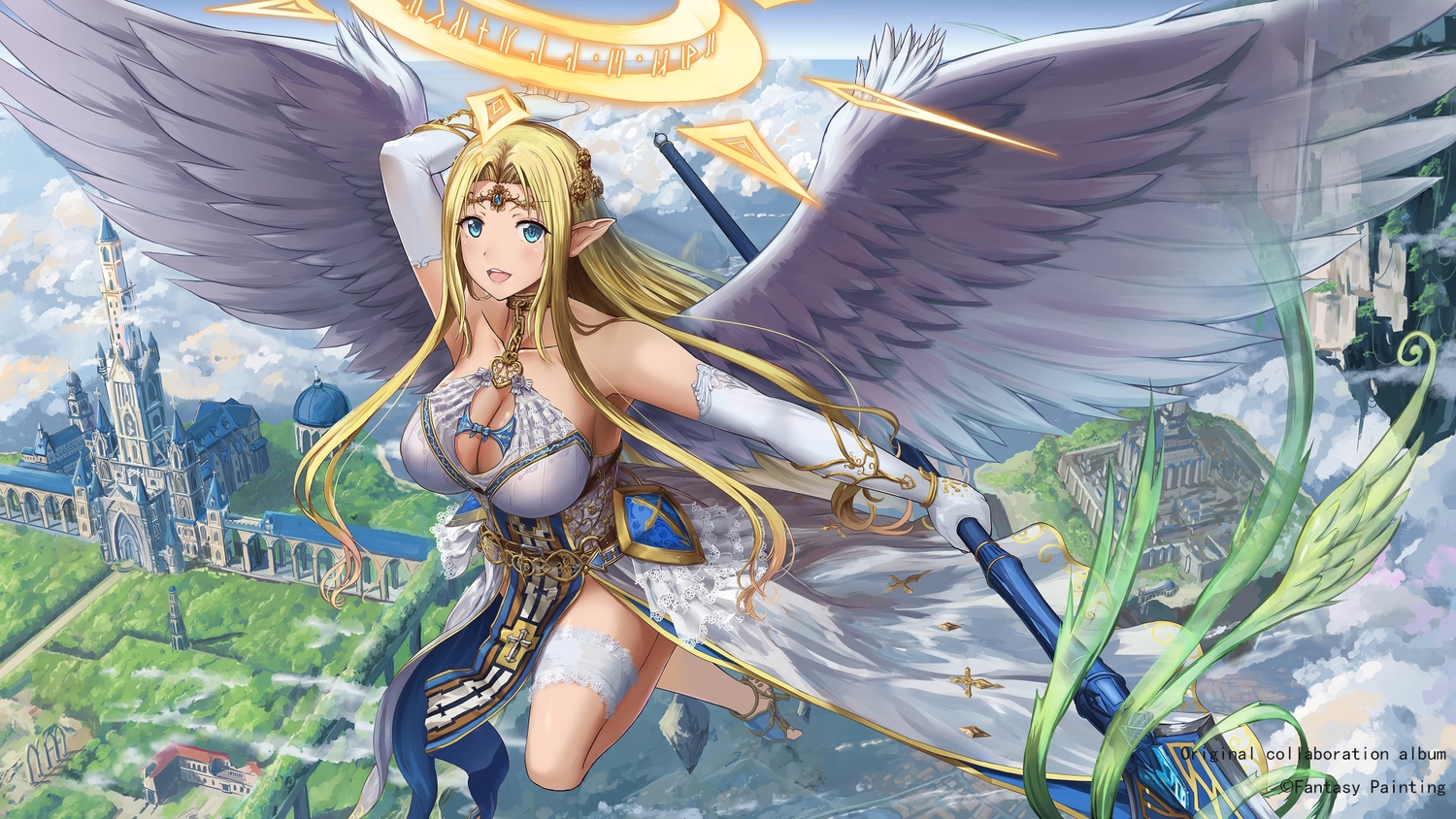 aliasing, aqua_eyes, blonde_hair, breasts, building, chain, clouds, cross, elbow_gloves, gloves, huanghyy, long_hair, magic, original, pointed_ears, sky, spear, weapon, wings