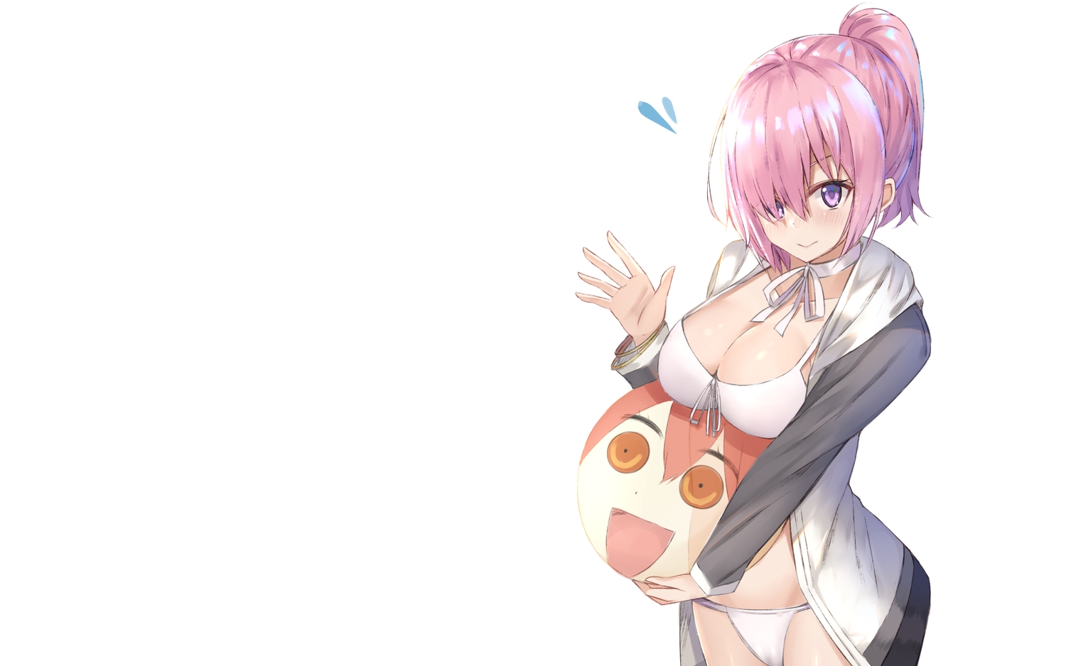 ball, bikini, blush, breasts, fate/grand_order, fate_(series), fujimaru_ritsuka_(female), hood, kanikou, mash_kyrielight, navel, pink_eyes, pink_hair, ponytail, ribbons, short_hair, swimsuit