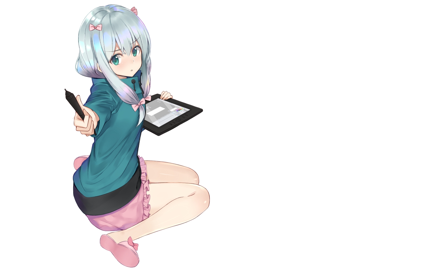 bow, eromanga-sensei, gray_hair, green_eyes, hood, izumi_sagiri, kanikou, loli, long_hair, shorts, white