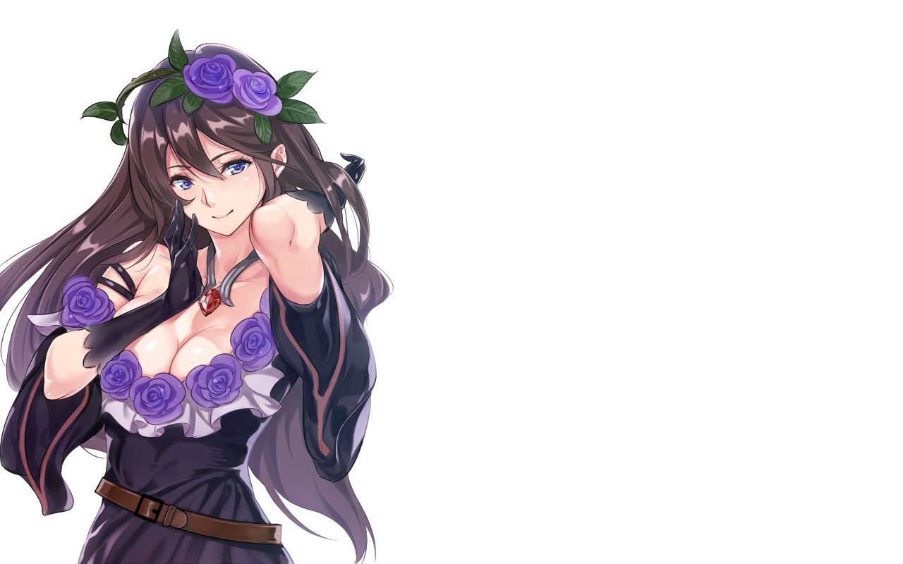 blush, breasts, brown_hair, cleavage, dress, elbow_gloves, flowers, gloves, granblue_fantasy, long_hair, purple_eyes, rosetta_(granblue_fantasy), white, yamaishi108