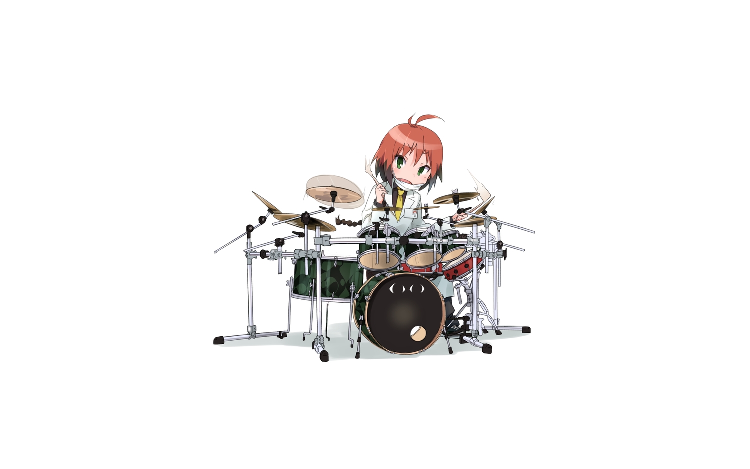 brown_hair, drums, fang, green_eyes, instrument, kill_me_baby, okayparium, short_hair
