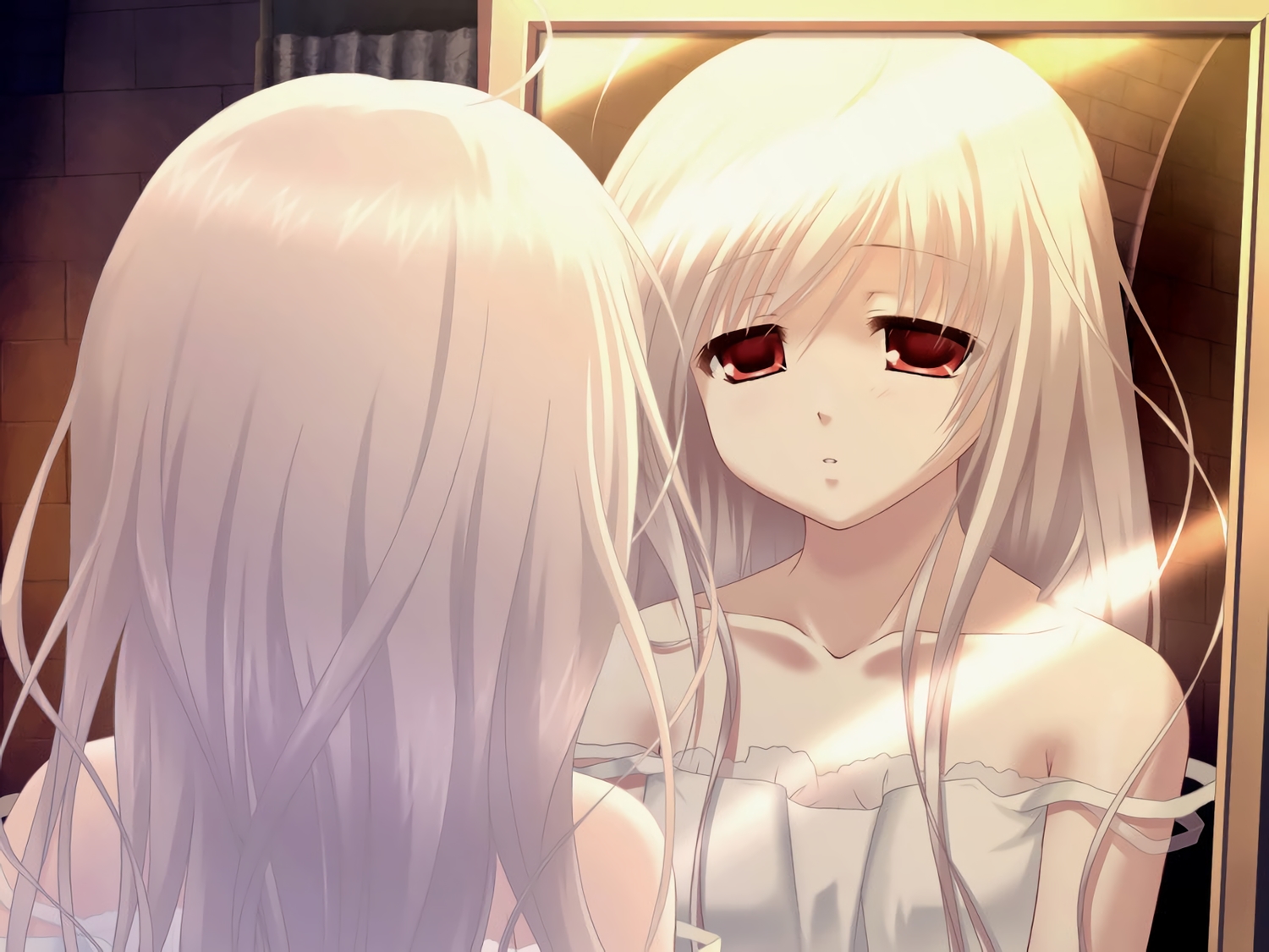 close, long_hair, mirror, red_eyes, reflection, rino, shouna_mitsuishi, waifu2x, white_clarity, white_hair