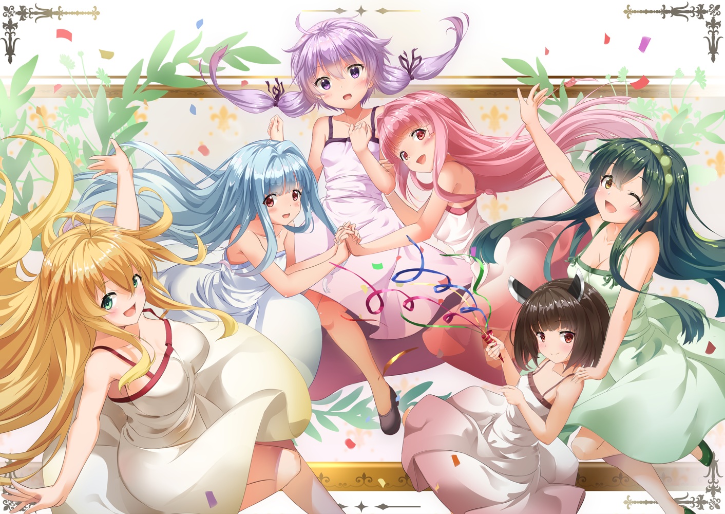 aqua_hair, blonde_hair, blush, breasts, brown_eyes, brown_hair, bug_(artist), dress
