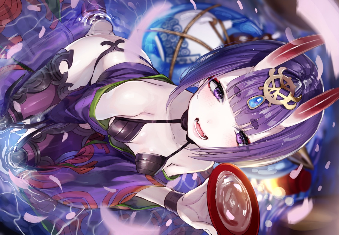breasts, demon, drink, fate/grand_order, fate_(series), horns, hoyashi_rebirth, petals
