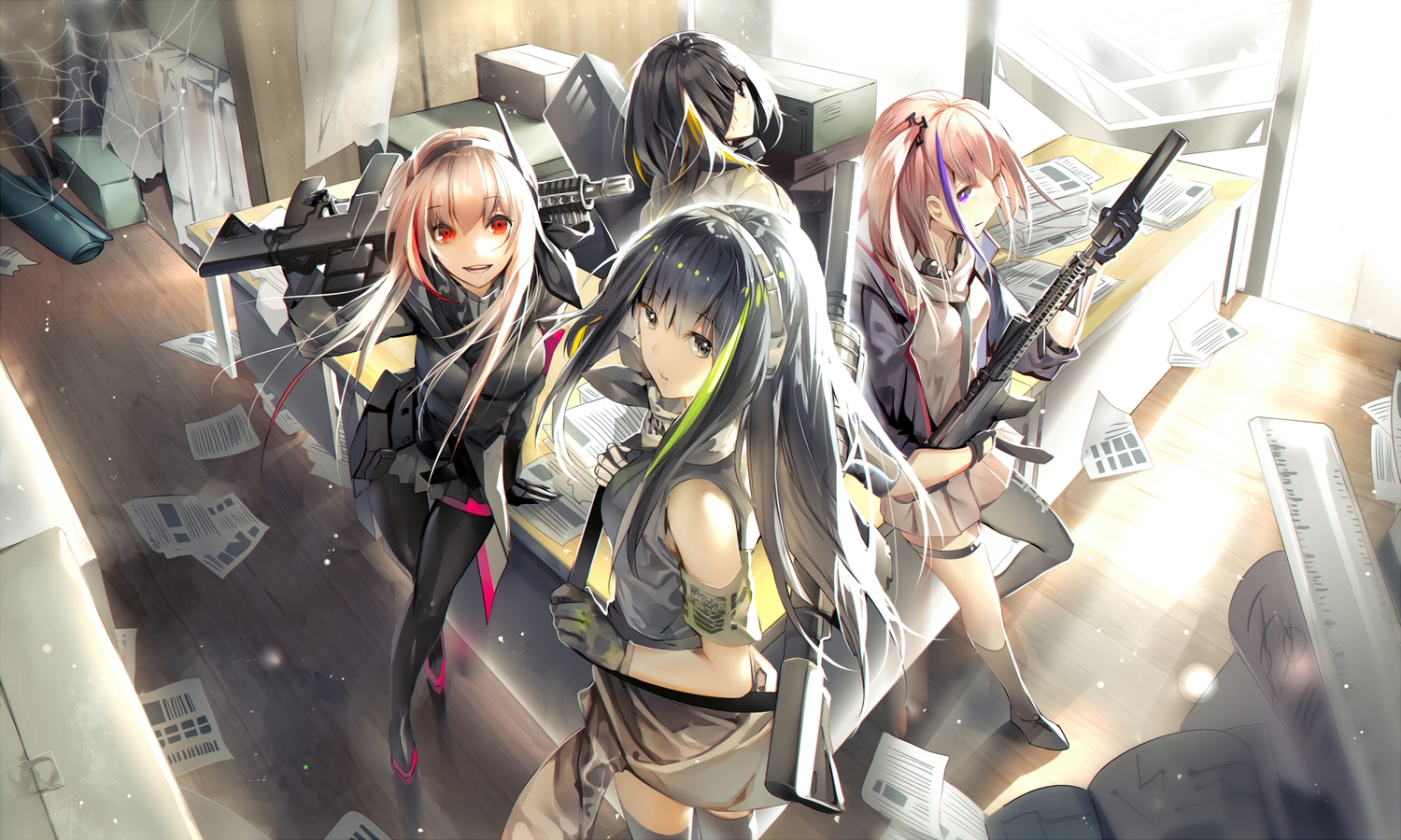 anthropomorphism, black_eyes, black_hair, girls_frontline, gloves, group, gun, headphones