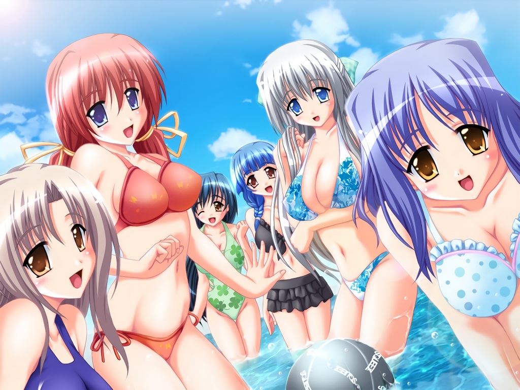 ball, bikini, breast_hold, breasts, cleavage, ebihara_mai, game_cg, group, himekawa_ikuyo, honoo_no_haramase_oppai_nyuu_doukyuusei, kitamori_chihiro, misha_ivashkova, nanamiya_akane, squeez, swimsuit, touyama_asuka, water, yuibi