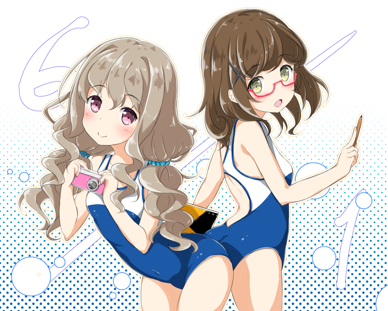 2girls, aoki_momo, brown_hair, camera, glasses, green_eyes, high_school_fleet, long_hair, pink_eyes, pirason, swimsuit, twintails, uda_megumi