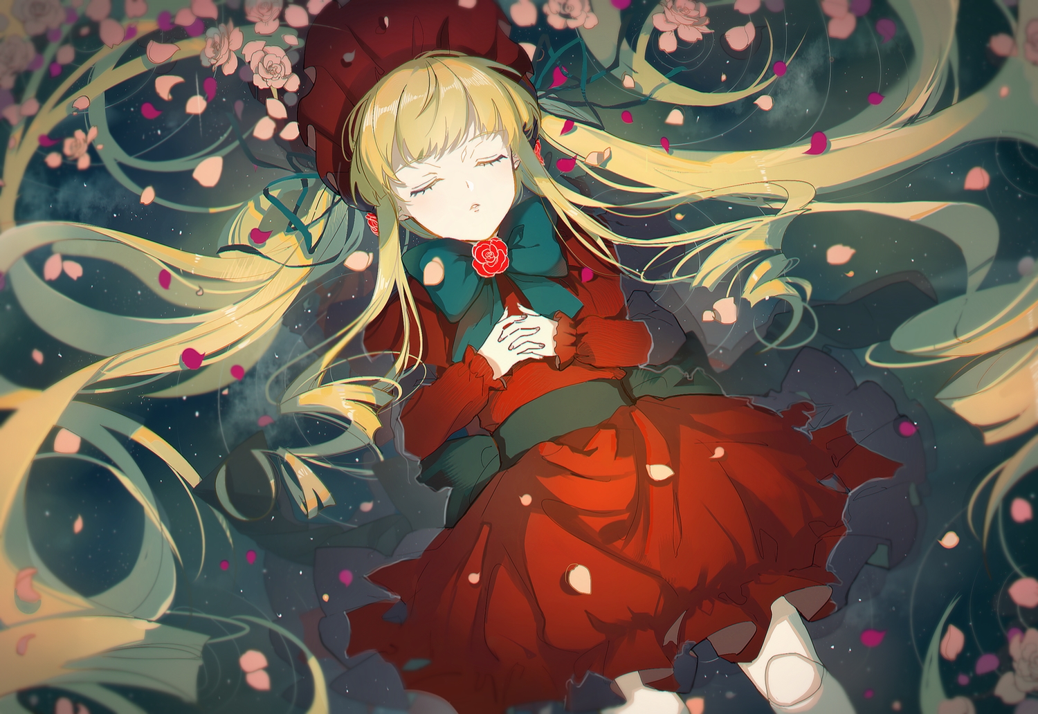 blonde_hair, bow, dress, flowers, hat, long_hair, petals, pudding_(8008208820)