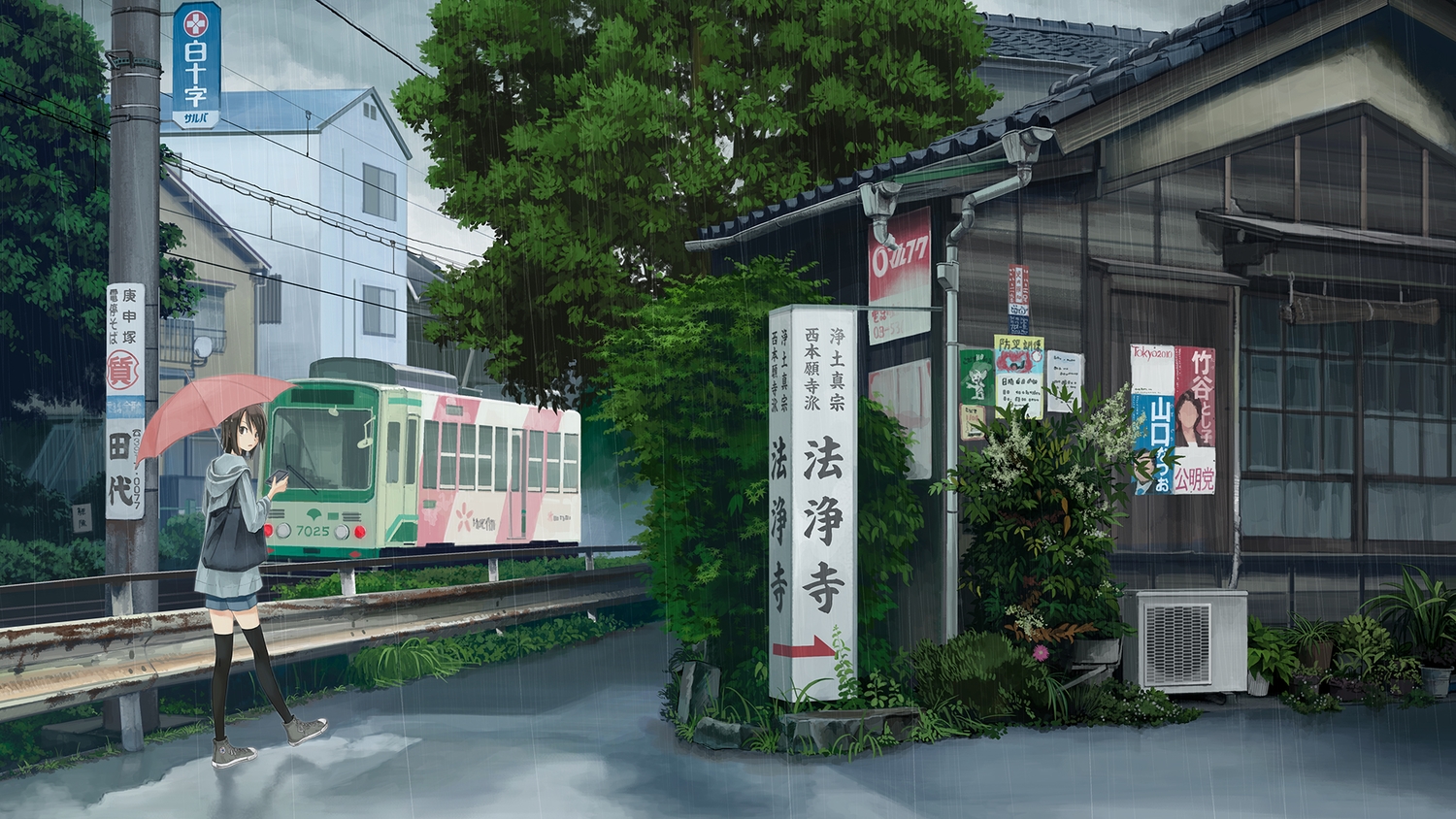 brown_eyes, brown_hair, flowers, kusakabe, original, phone, rain, scenic, short_hair, thighhighs, train, tree, umbrella, water