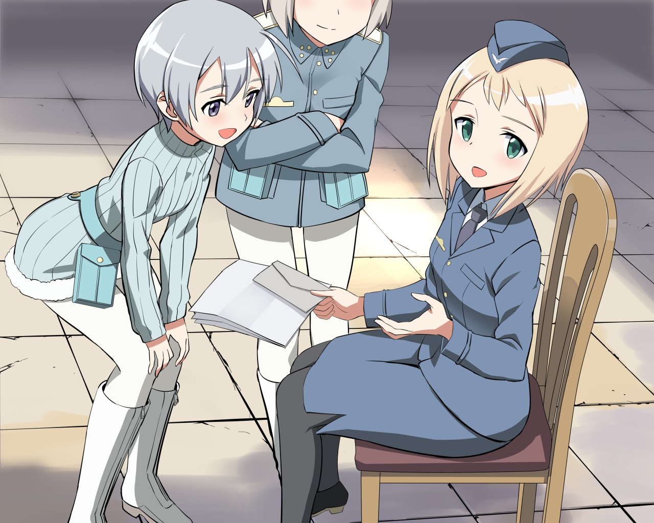 blonde_hair, boots, elma_leivonen, gray_eyes, gray_hair, green_eyes, hat, kaneko_(novram58), laura_vilhelmina_nissinen, pantyhose, paper, short_hair, skirt, strike_witches, uniform