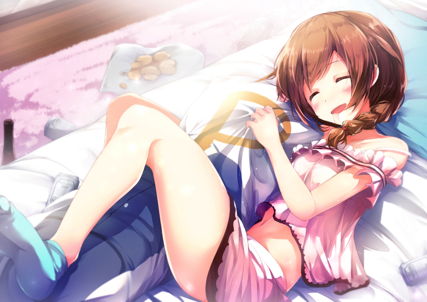 baba_konomi, braids, brown_hair, idolmaster, idolmaster_million_live!, navel, ro_risu, short_hair, skirt, sleeping, socks