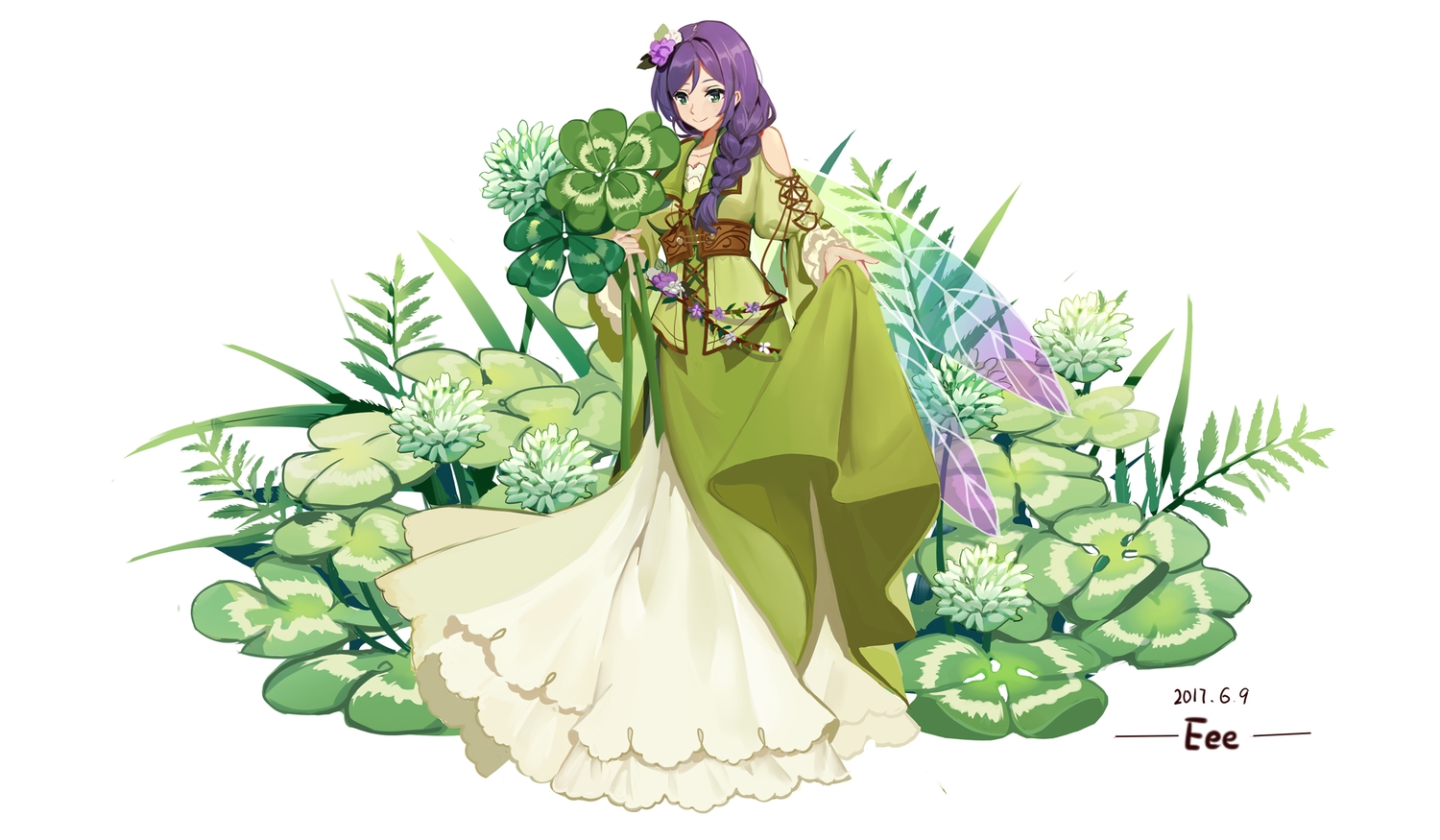 braids, dress, duzie_e, flowers, green_eyes, long_hair, love_live!_school_idol_project, purple_hair