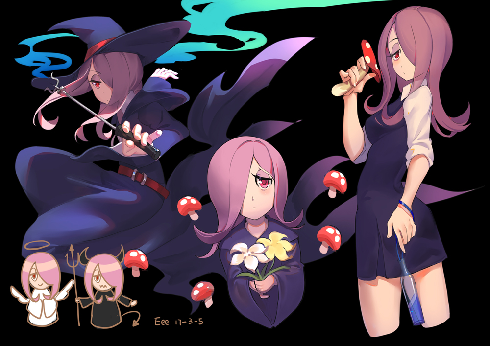 black, demon, dress, duzie_e, flowers, halo, hat, horns