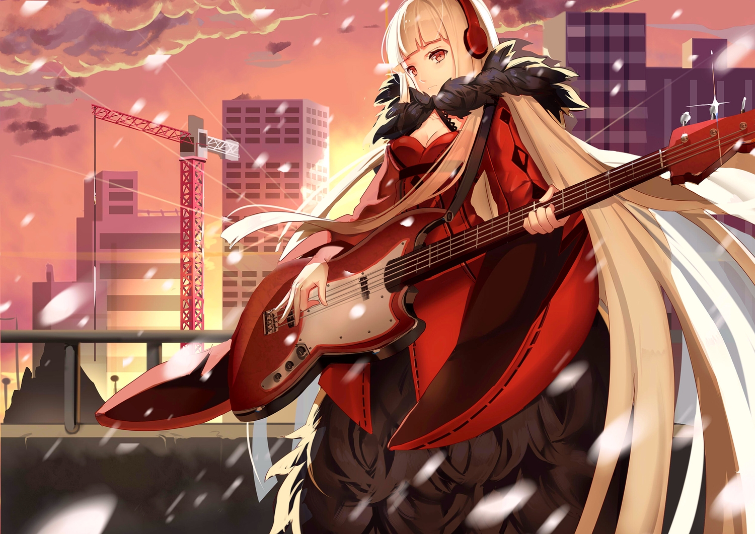 blonde_hair, breasts, building, city, duzie_e, forever_7th_capital, guitar, headphones