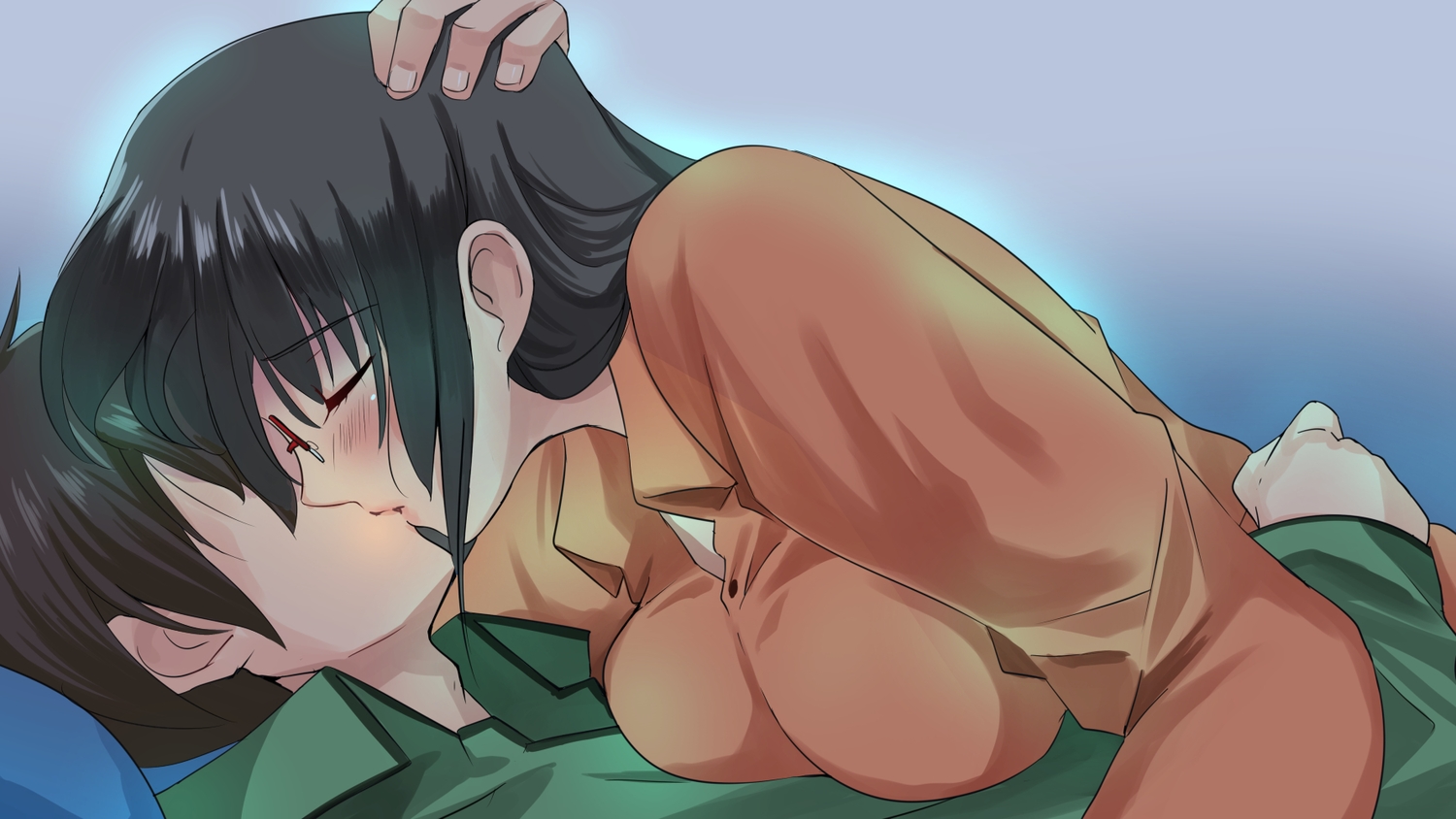 black_hair, blush, breasts, glasses, kiss, male, miracle_hoshi, original, short_hair