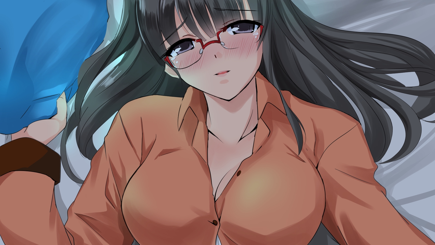 black_hair, blush, breasts, glasses, miracle_hoshi, original, short_hair, tears