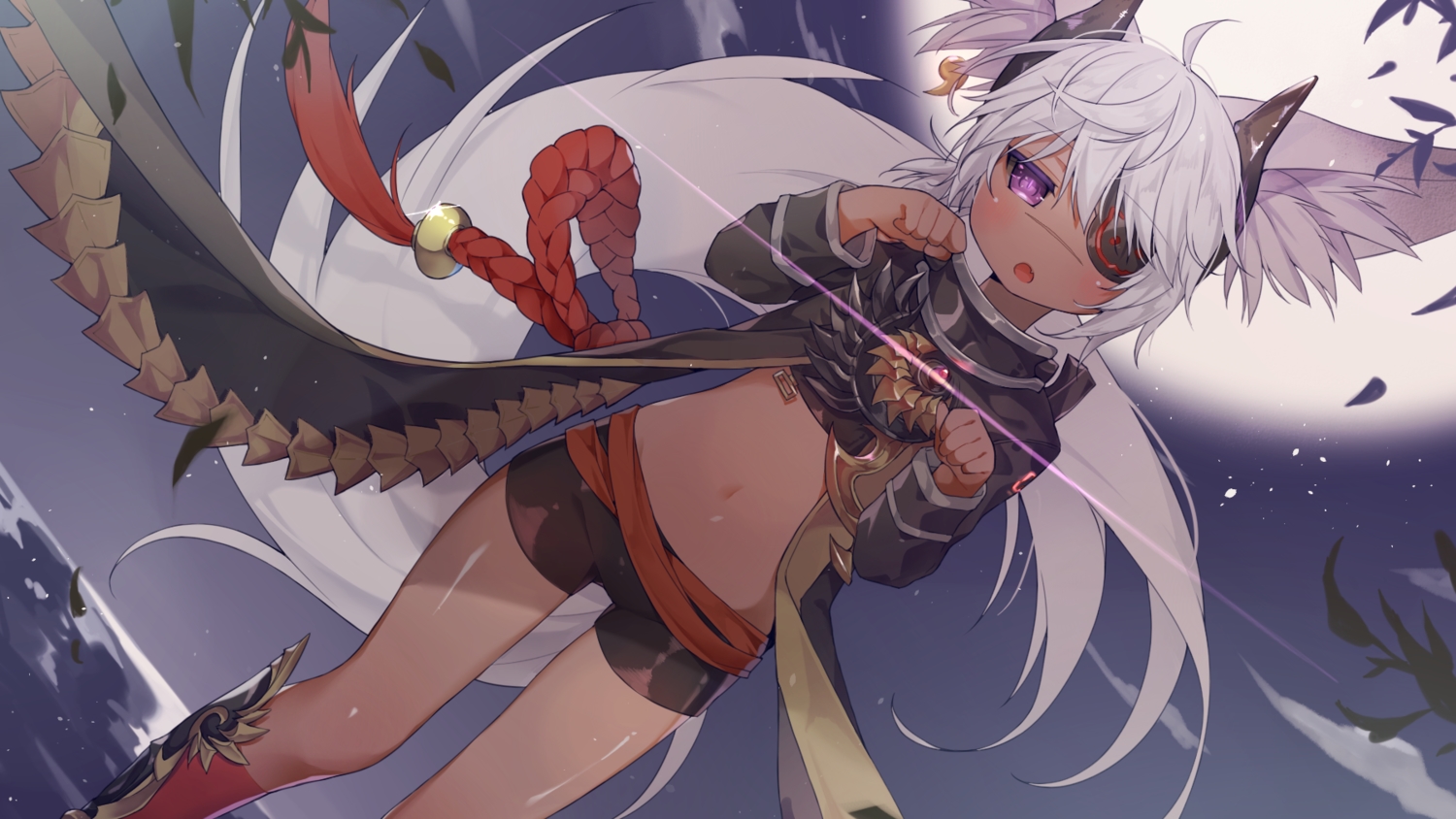 all_male, animal_ears, armor, blade_&_soul, dark_skin, eyepatch, horns, kneehighs, male, navel, otoko_no_ko, purple_eyes, scar, short_hair, shorts, tail, tsuka, white_hair