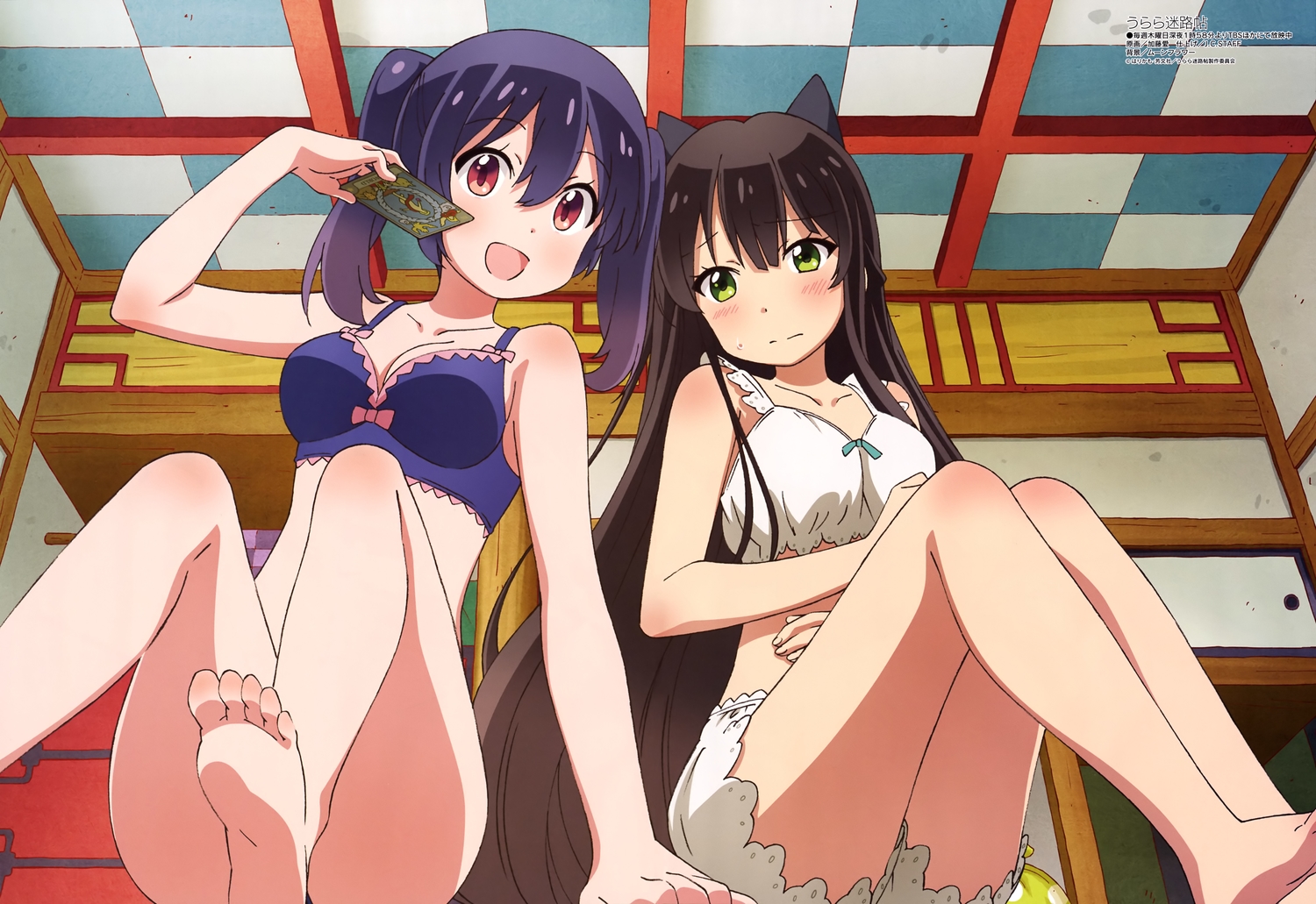2girls, animal_ears, barefoot, blush, bra, breasts, brown_hair, green_eyes