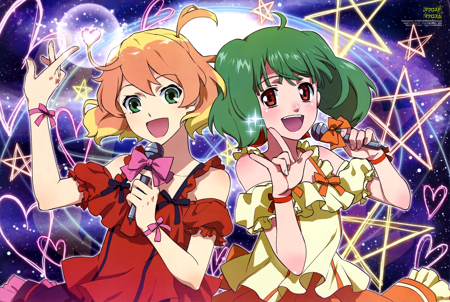 2girls, bow, freyja_wion, green_eyes, green_hair, macross, macross_delta, macross_frontier