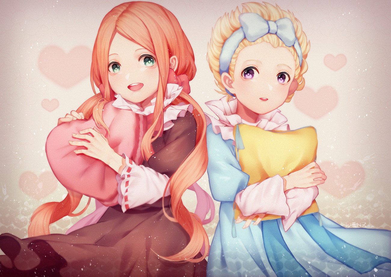 2girls, blonde_hair, bow, chocolat_meilleure, dress, long_hair, purple_eyes, short_hair