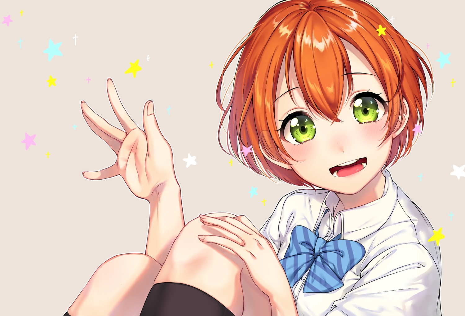 bow, green_eyes, hoshizora_rin, kneehighs, love_live!_school_idol_project, orange_hair, school_uniform, short_hair